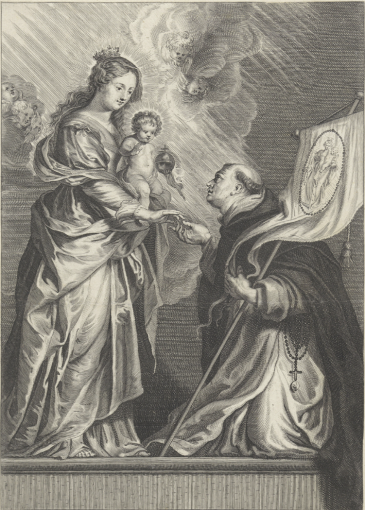 Maria übergibt dem seligen Alanus de Rupe den Rosenkranz und die 15 Verheissungen