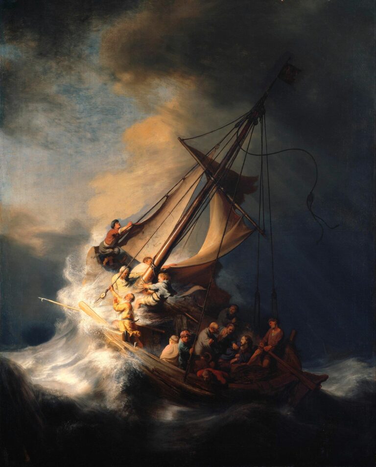 Kunstwerk von Rembrandt. Man sieht Jesusund seine Jünger im Boot bei einem Sturm - jesus schläft