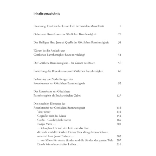 Inhaltsverzeichnis vom Buch "Der Rosenkranz zur göttlichen Barmherzigkeit"