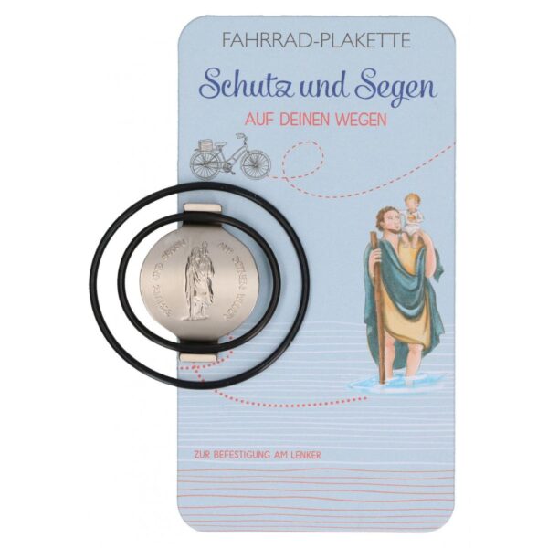 Christophorus Fahrrad Plakette für den Lenker mit zwei Gummis und der Aufschrift "Schutz und Segen auf deinen Wegen"