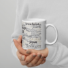 Man sieht Frauenhände, die eine weiße Tasse mit der Aufschrift "Jesus" in verschiedenen Sprachen hält.
