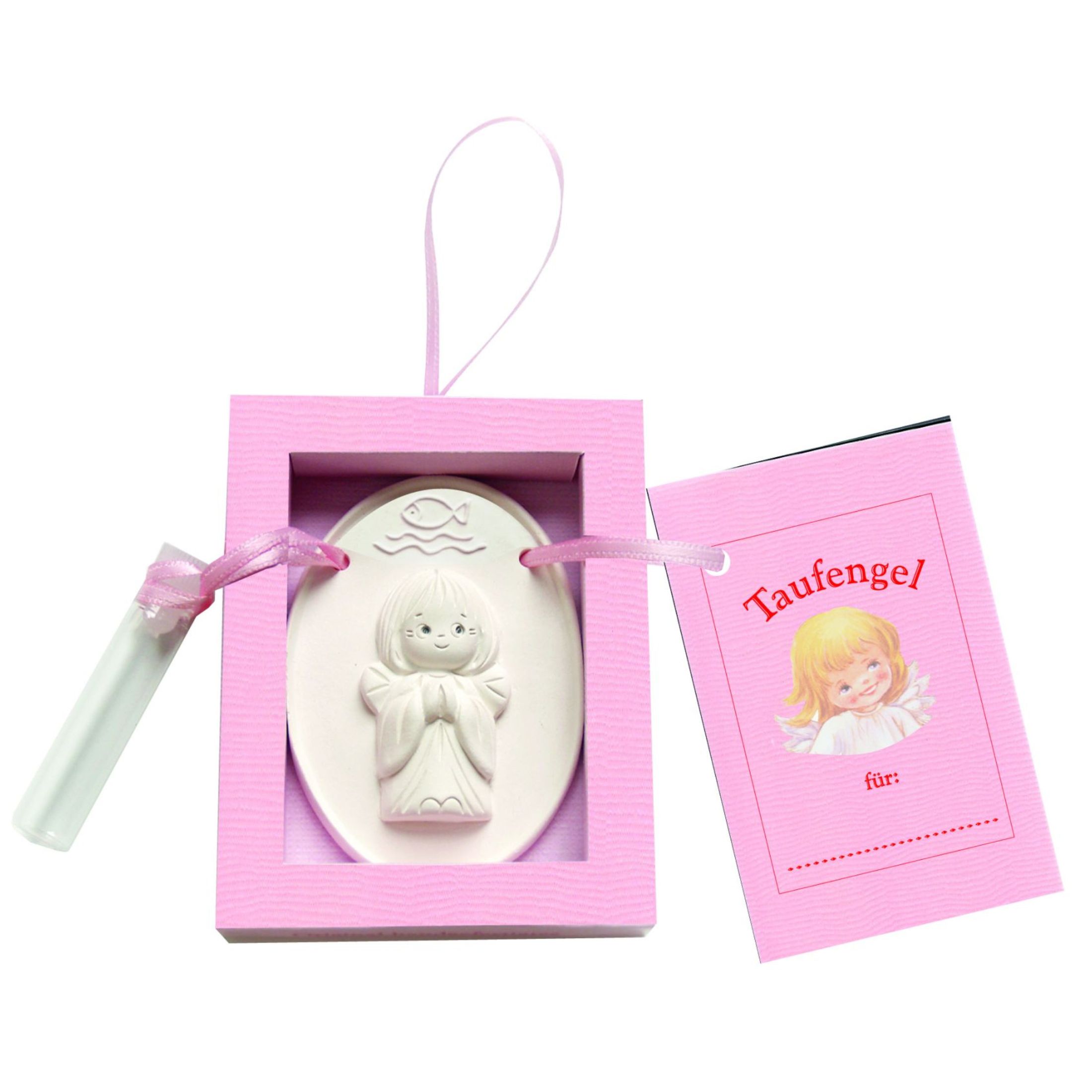 Taufengel mit Weihwasserfläschchen rosa und Grußkarte