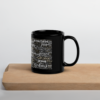 Schwarze Tasse mit dem Namen Jesus in allen Sprachen der Welt auf einem Holzbrett mit dem Henkel nach rechts