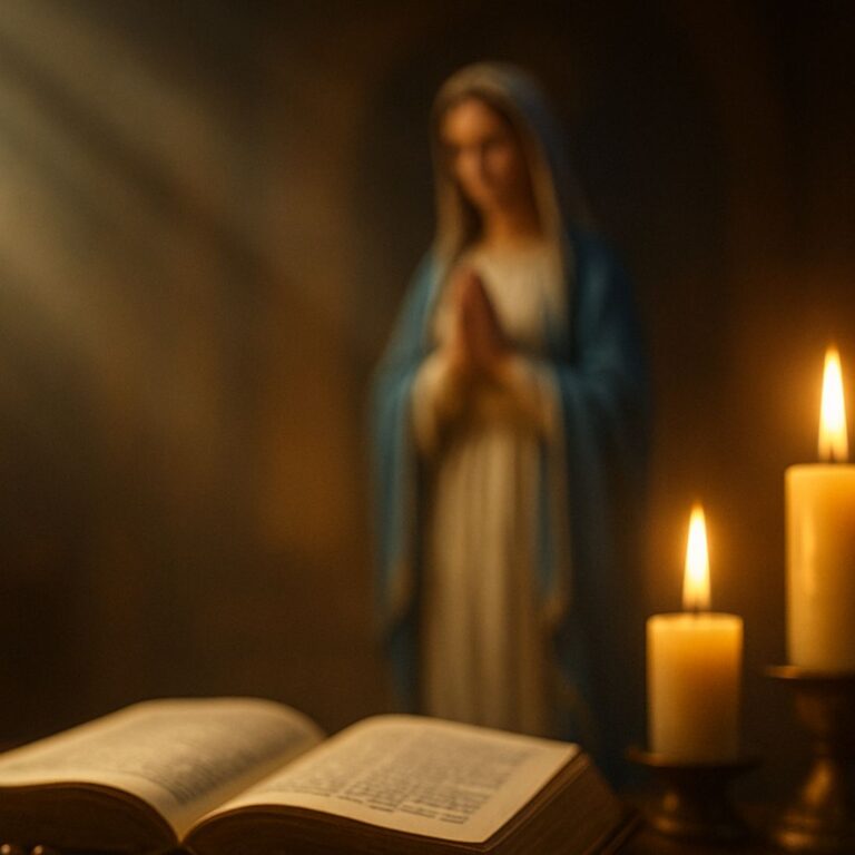 Man sieht die heilige Schrift mit zwei Kerzen und Maria die betet