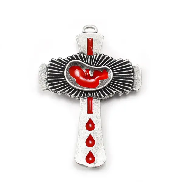 Rückseite Kreuz Pro Life Rosenkranz mit ungeborenen Kind in Rot