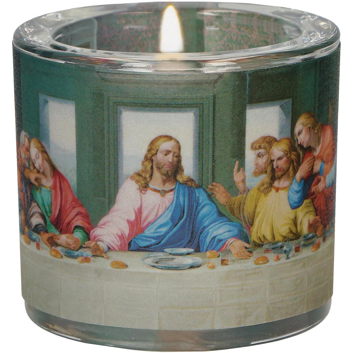 Glaswindlicht mit dem Letzten Abendmahl von Leonardo da Vinci – farbige Banderole auf klarem Glas mit brennendem Teelicht