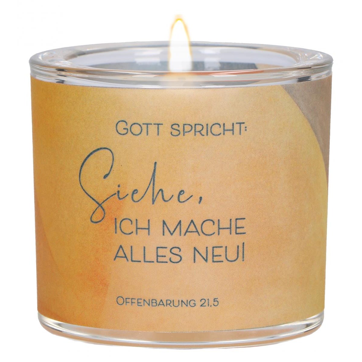 Glaswindlicht Jahreslosung 2026 mit Spruch Gott spricht Siehe ich mache alles neu aus Offenbarung 21,5 in Gold- und Ockertönen