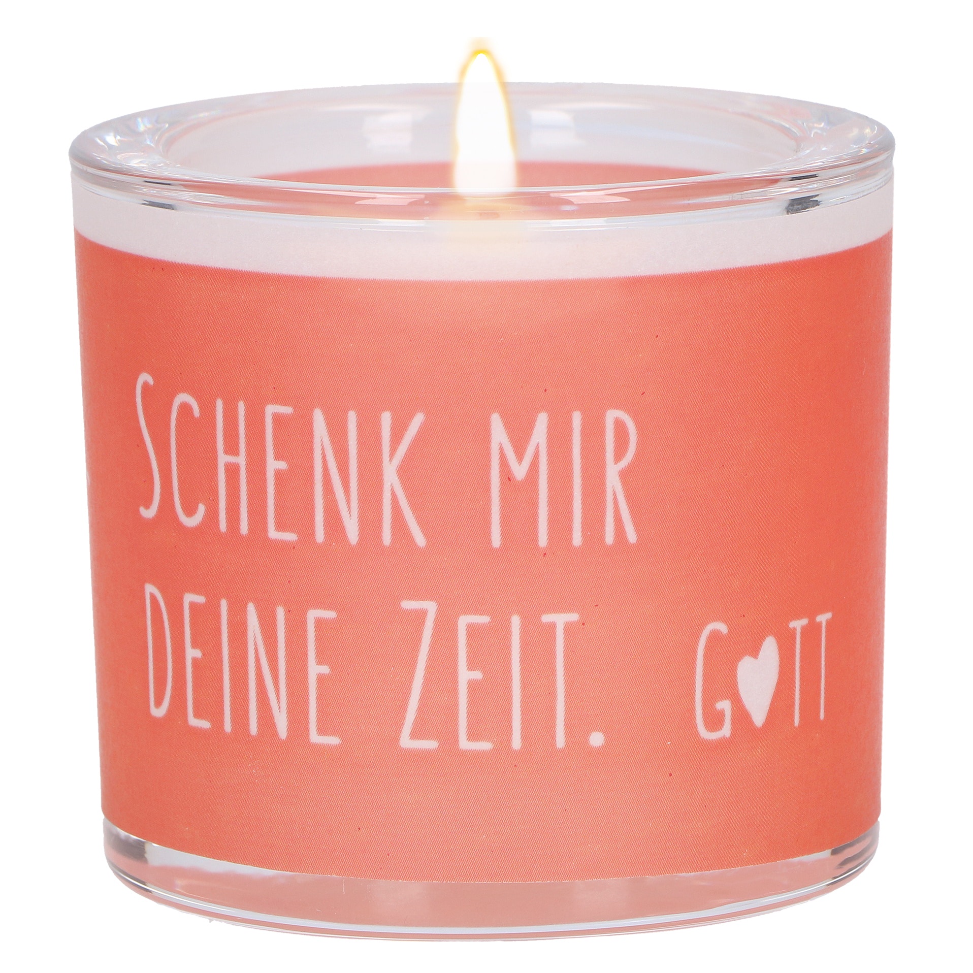 Glaswindlicht mit Spruch Schenk mir deine Zeit Gott in korallefarbener Banderole mit brennendem Teelicht