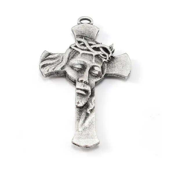 Silberfarbenes Heiliges-Antlitz-Kreuz Jesu mit Dornenkrone, Ghirelli Rosenkranz