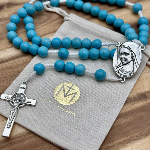Rosenkranz Medjugorje Türkis mit Geschenkbeutel der Rosenkranz Werkstatt