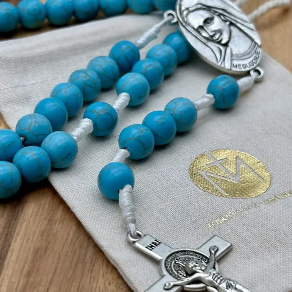 Türkisfarbene Perlen des Rosenkranz Medjugorje Türkis mit Geschenkbeutel